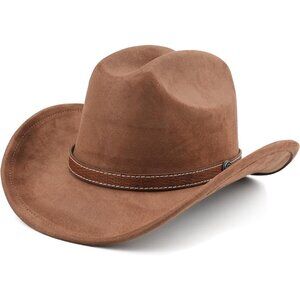 Unisex Coffee Western Faux Stitched Leather Band Classic Fedora Cowboy Felt Hat